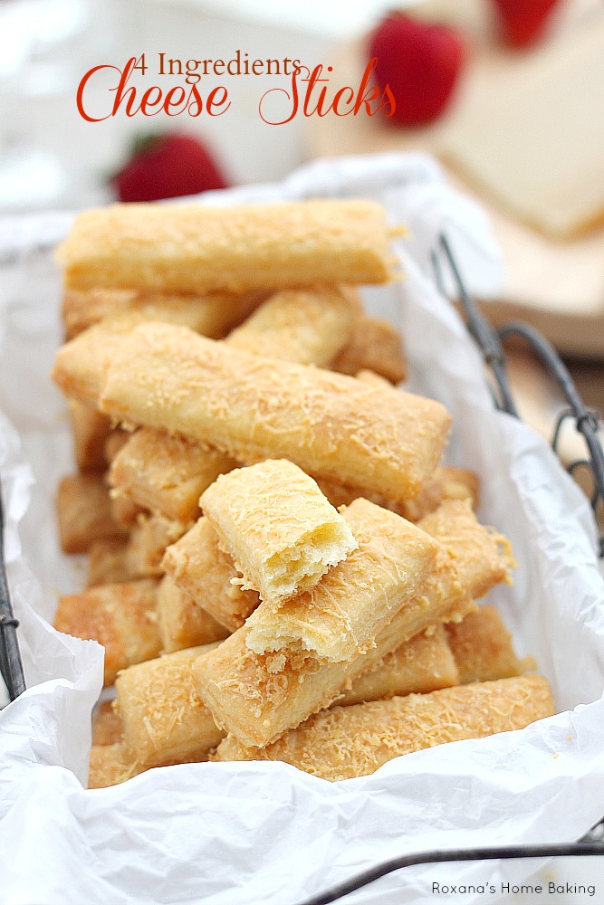 4 simple ingredients to have your own flaky, buttery, lightly crunchy cheese sticks. Recipe from Roxanashomebaking.com