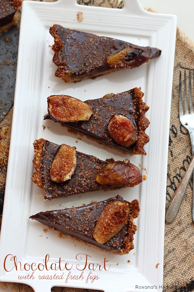 Decadent, rich chocolate ganache filling, a nutty crust and juicy sweet fresh figs make this roasted figs chocolate ganache tart a treat for a special occasion. Recipe from Roxanashomebaking.com