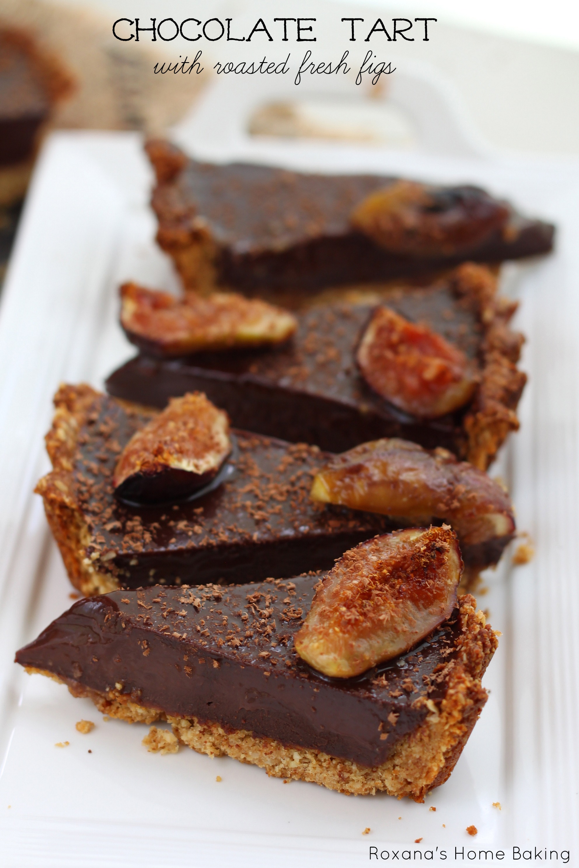 Decadent, rich chocolate ganache filling, a nutty crust and juicy sweet fresh figs make this roasted figs chocolate ganache tart a treat for a special occasion. Recipe from Roxanashomebaking.com