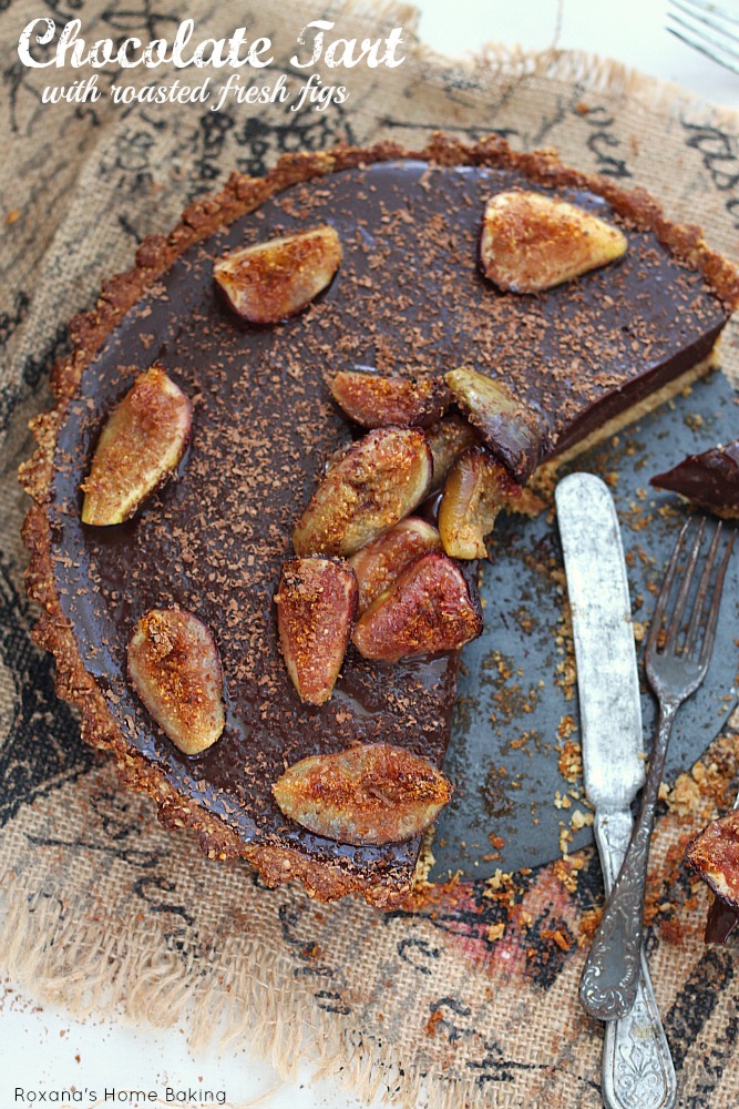 Decadent, rich chocolate ganache filling, a nutty crust and juicy sweet fresh figs make this roasted figs chocolate ganache tart a treat for a special occasion. Recipe from Roxanashomebaking.com