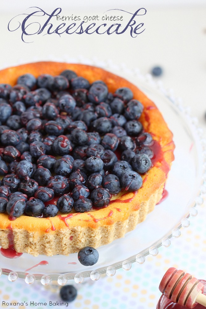 Light and airy, this goat cheese cheesecake from Roxanashomebaking.com is drizzled with berry honey creme and topped with fresh blueberries. A scrumptious dessert to enjoy at the end of the day.