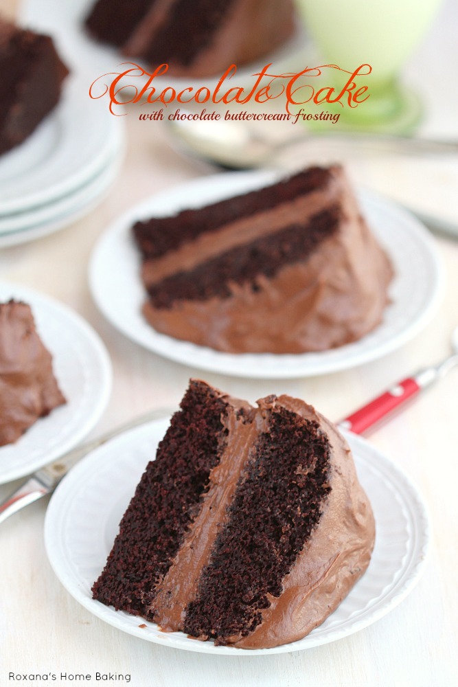 Covered in a luscious chocolate buttercream frosting, this chocolate cake with chocolate buttercream frosting from Roxanashomebaking.com is everything you want in a chocolate cake