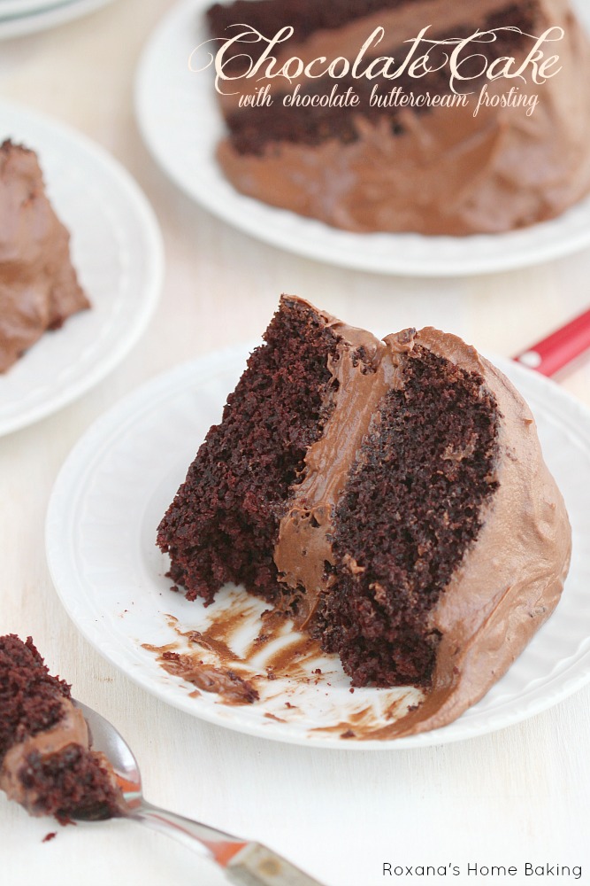 Covered in a luscious chocolate buttercream frosting, this chocolate cake with chocolate buttercream frosting from Roxanashomebaking.com 