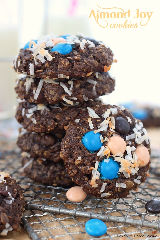Irresistible double chocolate cookies chock full with chopped almonds, coconut and oats, these Almond joy cookies are a delicious replica of the well known candy bar. Recipe from Roxanashomebaking.com