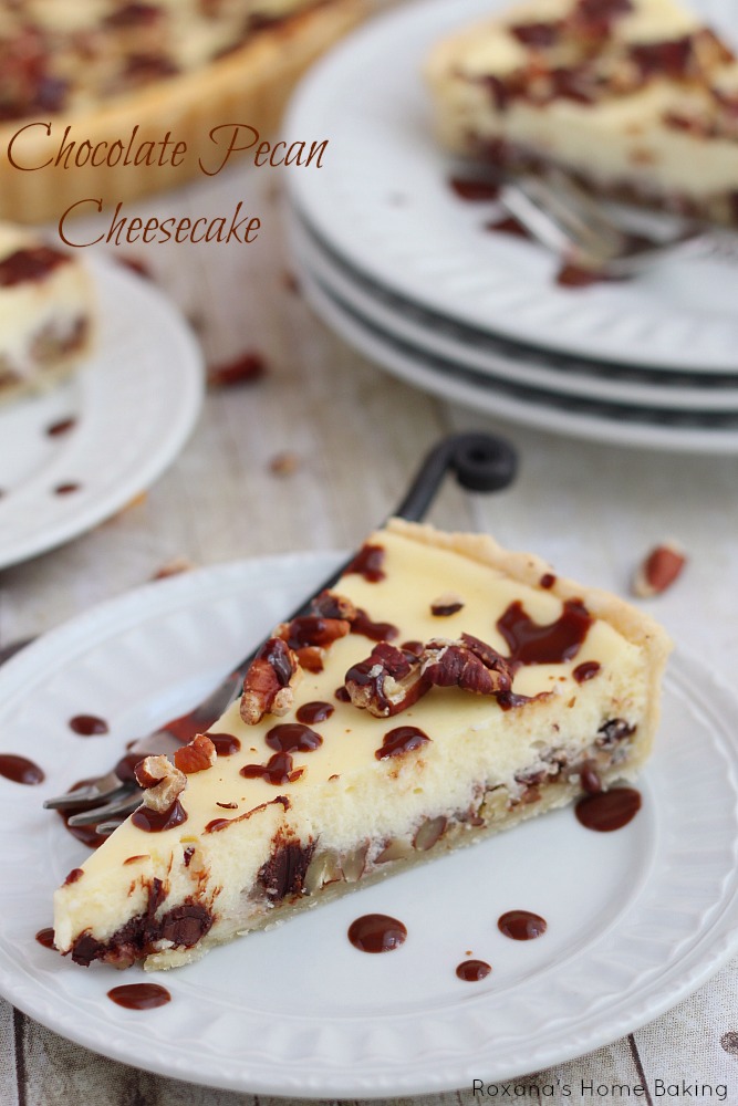 Silky cheesecake featuring two layers of chopped pecans and chocolate chips will be the centerpiece of your holiday table!