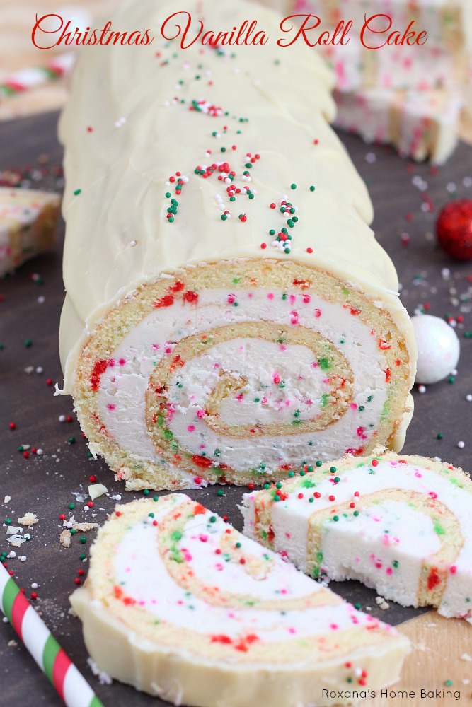 A simple vanilla roll cake with red and green dots and spirals of creamy buttercream is the perfect dessert for Christmas parties.