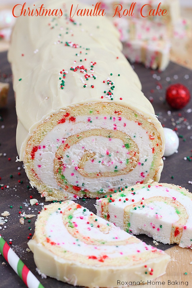 A simple vanilla roll cake with red and green dots and spirals of creamy buttercream is the perfect dessert for Christmas parties.