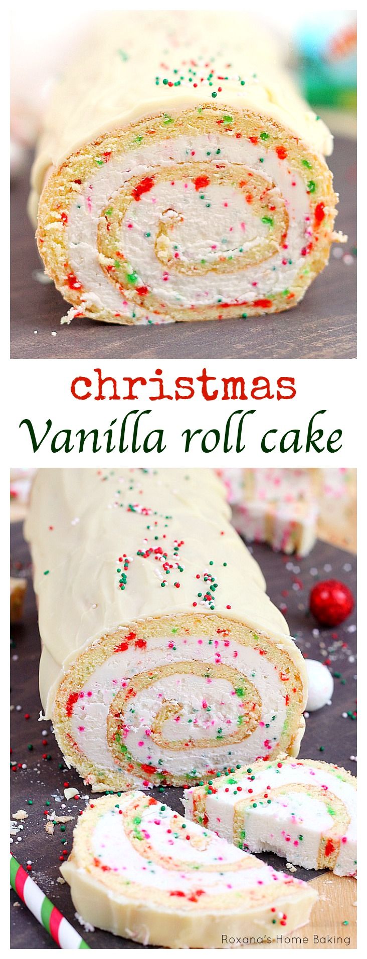 A simple vanilla roll cake with red and green dots and spirals of creamy buttercream is the perfect dessert for Christmas parties.