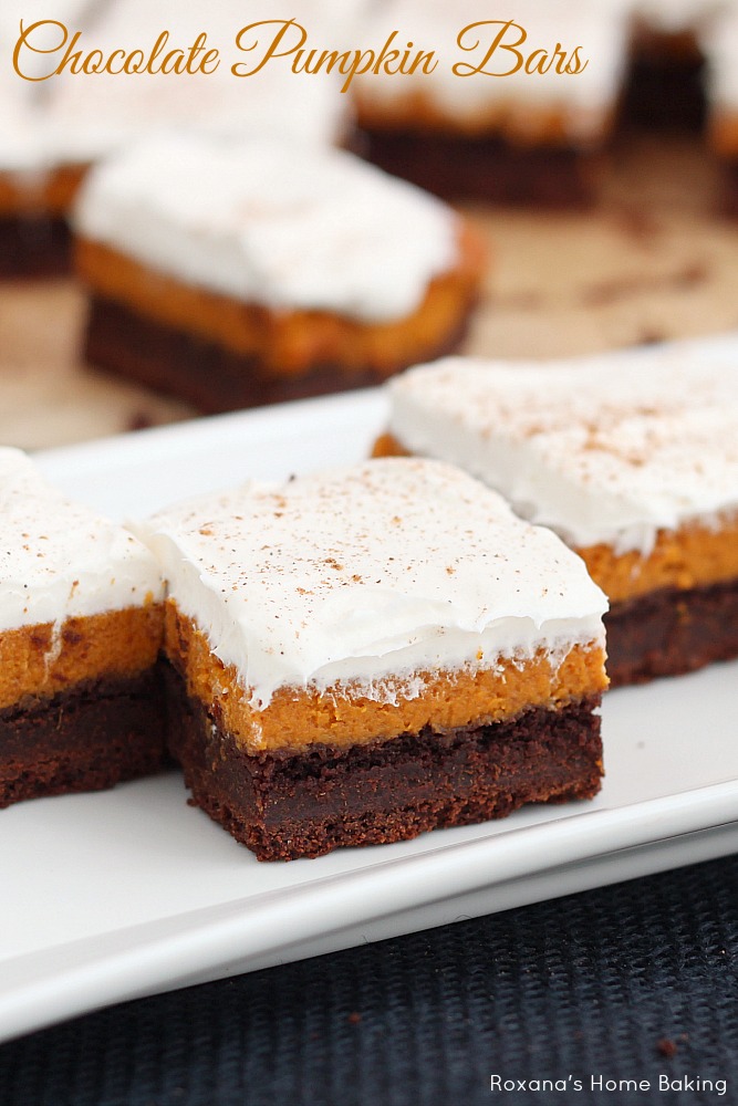 Perfect for fall potlucks, these chocolate pumpkin bars feature layers or rich chocolate cake, silky pumpkin pie and light frosting