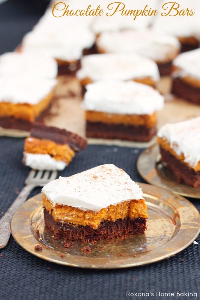 Perfect for fall potlucks, these chocolate pumpkin bars feature layers or rich chocolate cake, silky pumpkin pie and light frosting. Recipe from Roxanashomebaking.com 