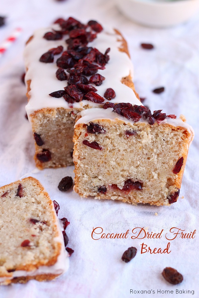 A simple, yet delicious quick bread packed with dried fruit and bursting with coconut flavor