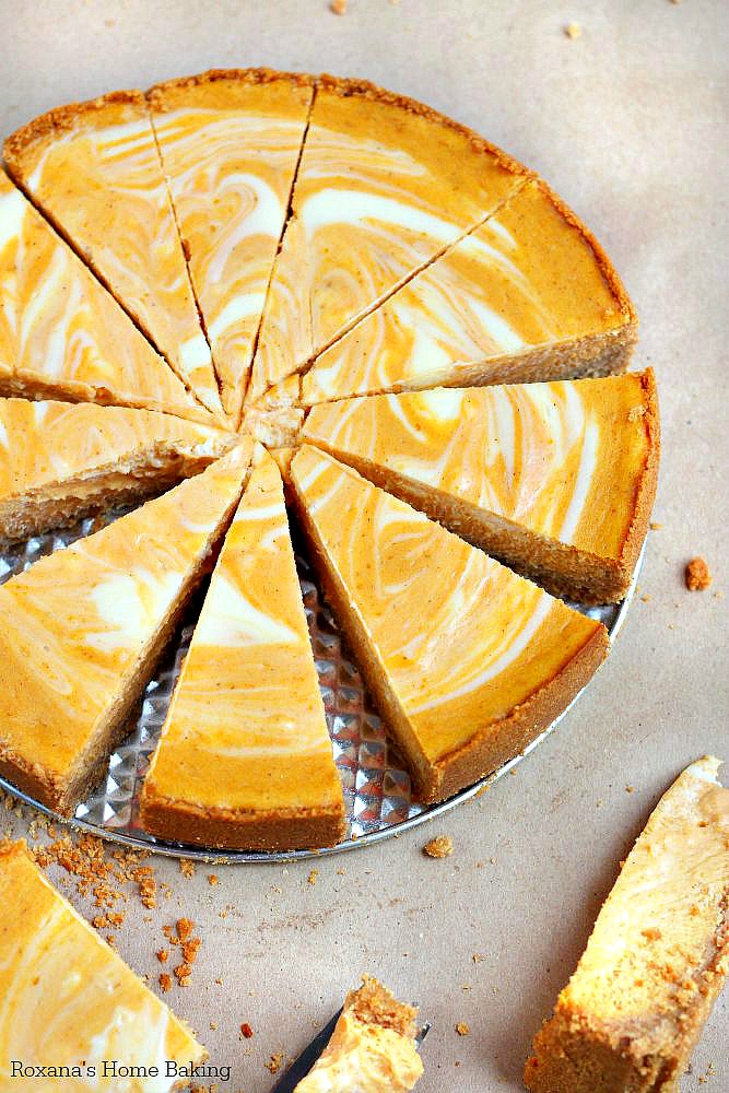 Two fall favorite desserts - pumpkin pie meets velvety cheesecake in this scrumptious marble pumpkin cheesecake. The perfect dessert for your Thanksgiving dinner party.