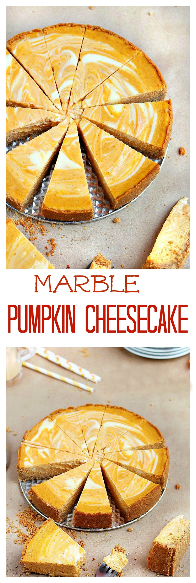 Two fall favorite desserts - pumpkin pie meets velvety cheesecake in this scrumptious marble pumpkin cheesecake. The perfect dessert for your Thanksgiving dinner party.