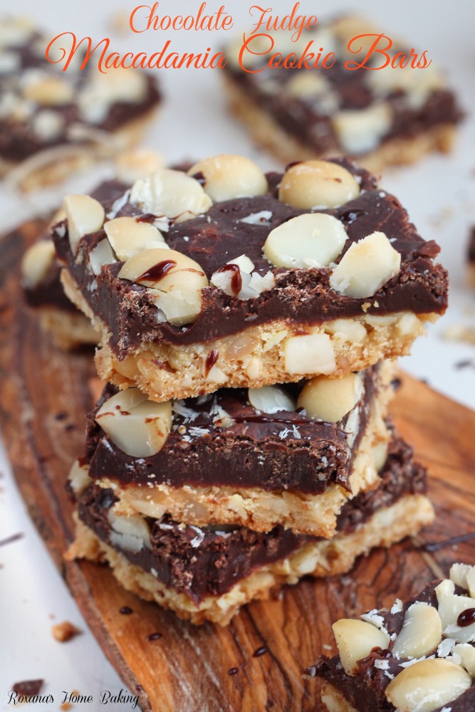 Quick and easy macadamia cookie bars topped with a fudgy chocolate layer. Only 5 ingredients! 