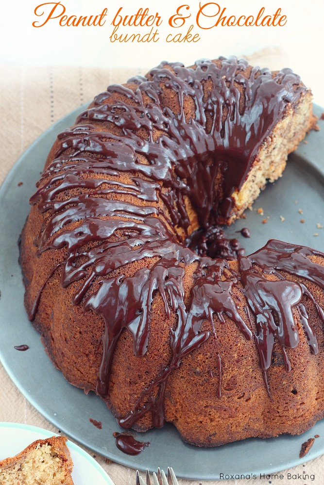 Moist peanut butter cake with swirls of melted chocolate and lots of chocolate chunks
