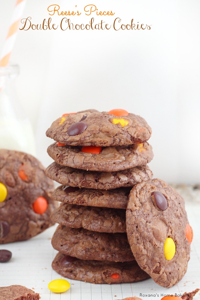Crispy chewy brownie in a cookie form. Double chocolate cookies packed with Reese's pieces