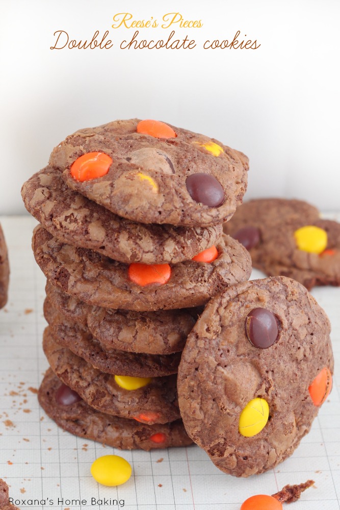 Crispy chewy brownie in a cookie form. Double chocolate cookies packed with Reese's pieces from Roxanashomebaking.com