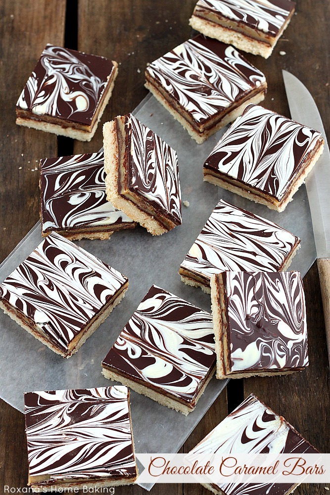 Chocolate caramel shortbread cookie bars recipe from Roxanashomebaking.com