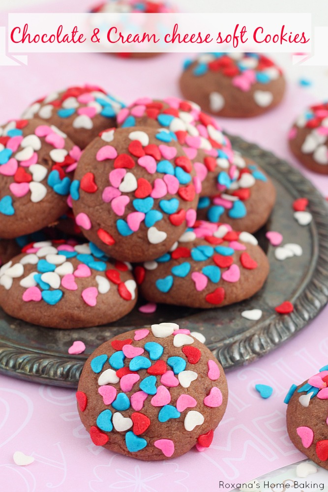 Chocolate cream cheese soft cookies recipe from Roxanashomebaking.com