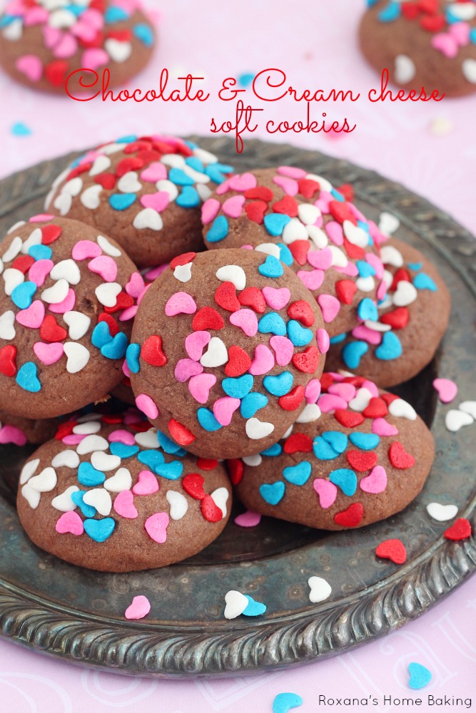 Soft cream cheese cookies with just a touch of chocolate. Cover in Valentine's day sprinkles for a sweet treat to give to your loved one(s).