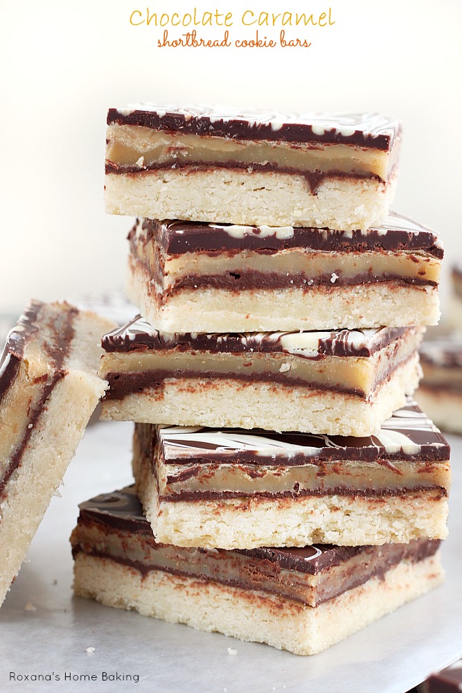 Chocolate caramel shortbread cookie bars