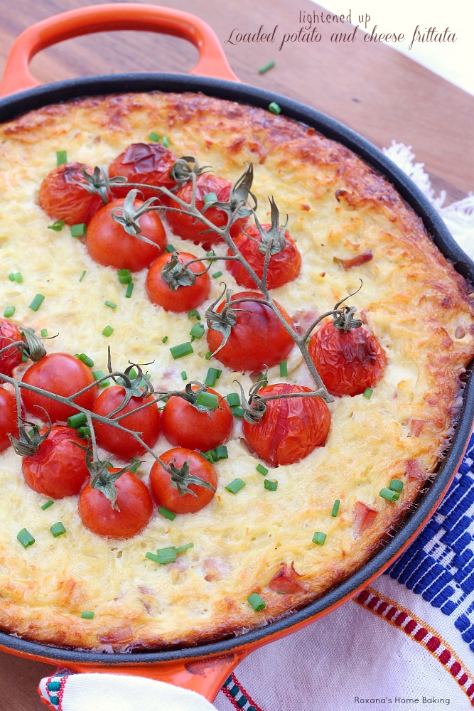 All my favorite baked potato fixings in this quick and easy baked potato and cheese frittata, now with half the calories as regular frittata!