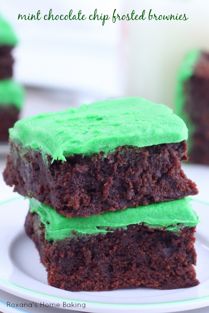 Decadent super fudgy mint chocolate chip frosted brownies 