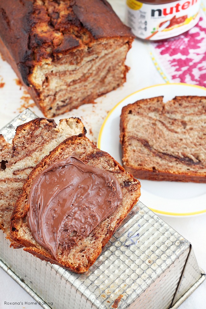 Incredible moist and soft banana bread with swirls of Nutella