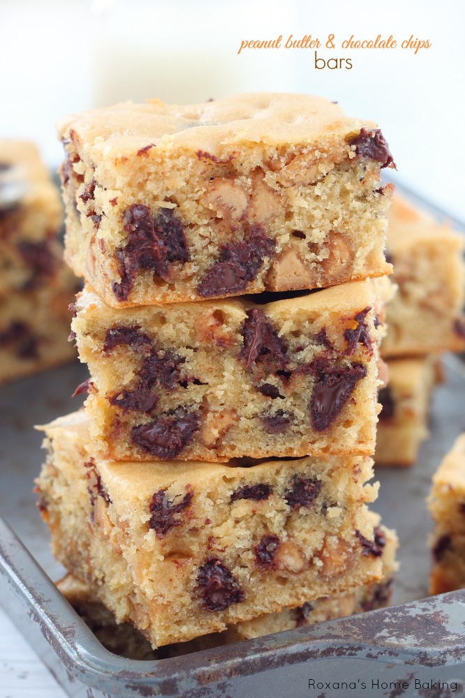 These peanut butter and chocolate chips bars are soft and chewy and packed with 3 cups of peanut butter and chocolate chips 