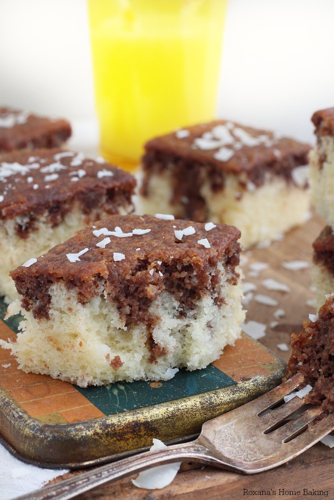 All the flavors of the lamingtons in an easy one-bowl chocolate coconut cake. This cake takes less than 5 minutes of prep time, no mixer needed! 