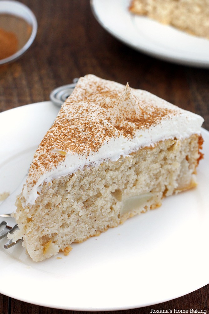Moist and tender pear cake made with chucks of fresh pear nested in a cinnamon flavored tender cake.
