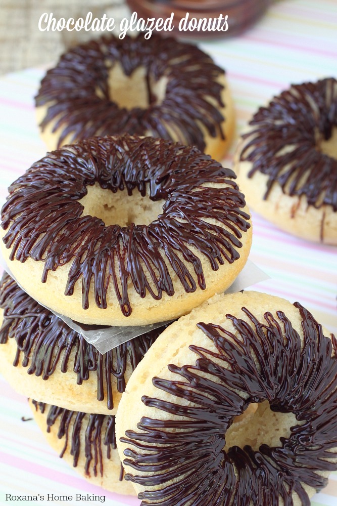 Chocolate glazed baked donuts. Recipe from Roxanashomebaking.com 