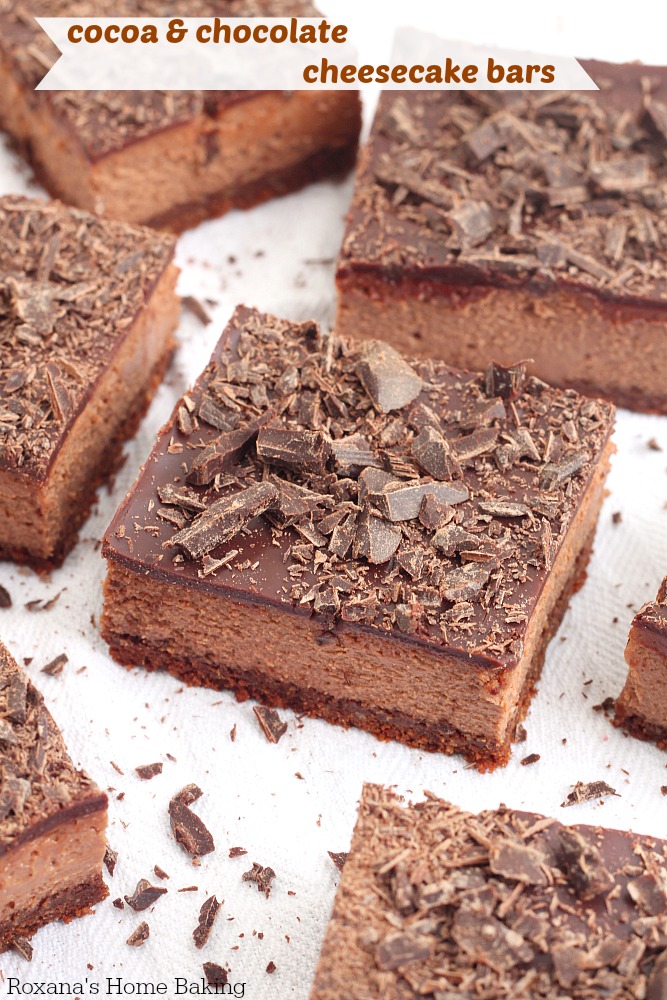 1 hour to make and bake, these chocolate cheesecake bars have chocolate goodness in every bite