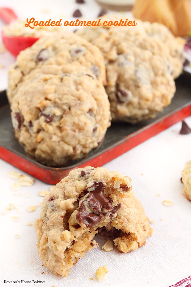 Melting chocolate, creamy peanut butter, flavorful shredded coconut, crunchy pecans and chewy oats - all combined in these irresistible chocolate chip oatmeal cookies. 