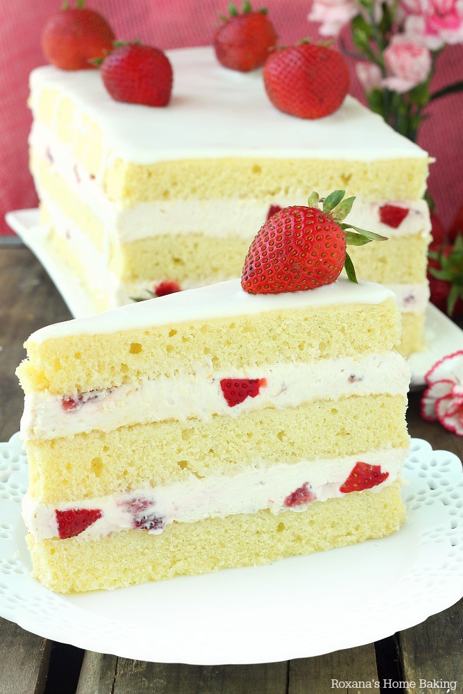 This strawberry shortcake cake is a lovely change from the traditional strawberry shortcake. Layers of rich buttery cake filled with smooth cheesecake and chopped fresh strawberries.