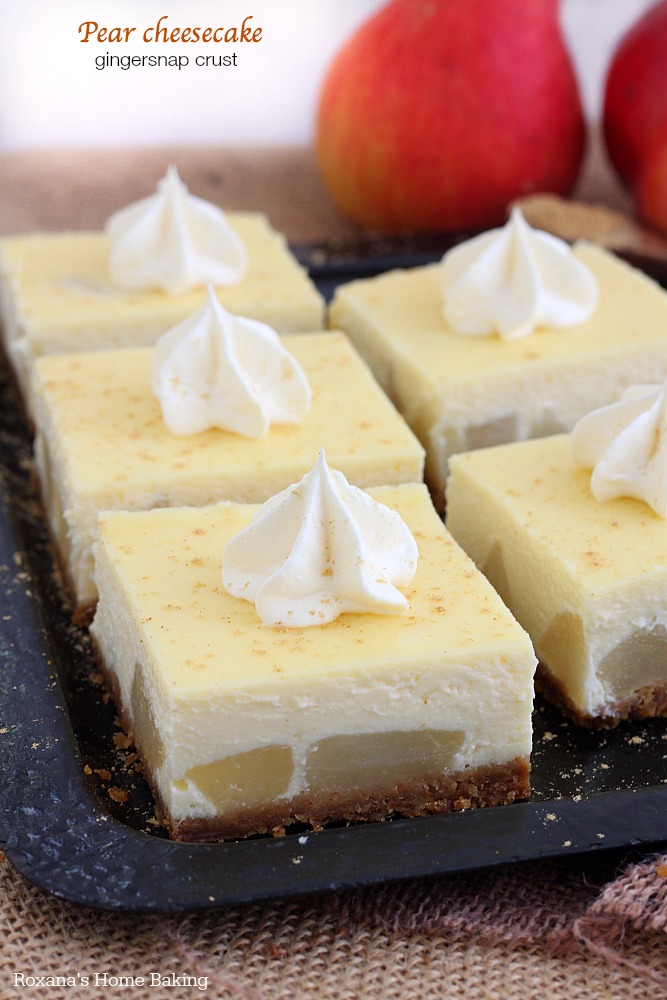 Pear cheesecake with gingersnap crust from Roxanashomebaking.com 