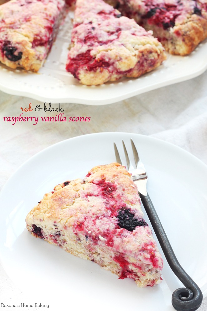 Black and red raspberry vanilla scones recipe from Roxanashomebaking.com