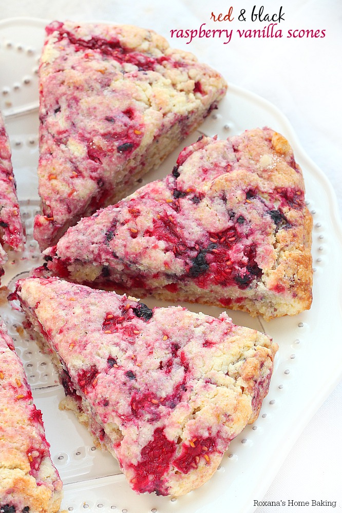 Delicate and sweet, these vanilla scones with lots of black and red specks from the fresh raspberries are a great treat for breakfast or with a cup of tea in the afternoon.