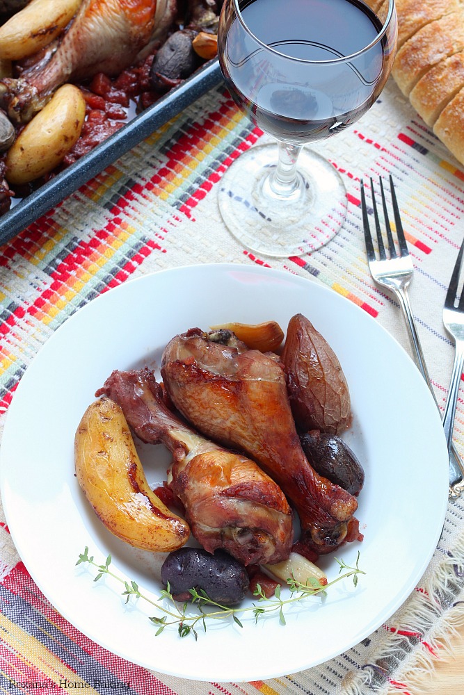 Slow baked red wine chicken with fingerling potatoes