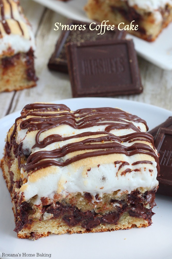 So moist and tender, this smores coffee cake is filled with chocolate chips and topped with a layer of ooey gooey toasted marshmallows.