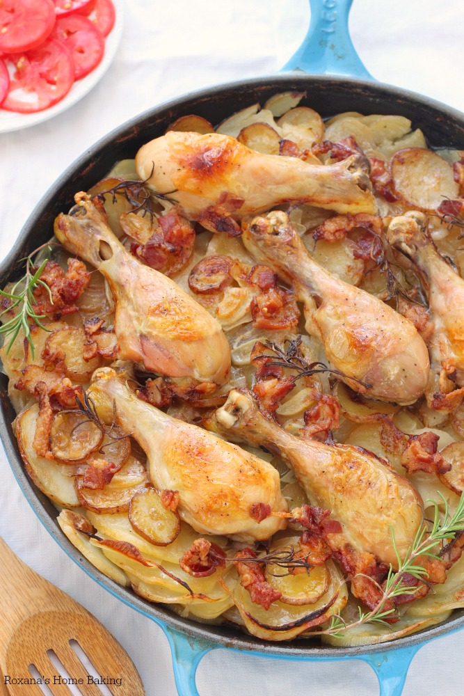 Tender chicken drumsticks cooked on top of layers of thinly sliced potatoes and onions make this potatoes chicken skillet a mouthwatering, flavorful meal.