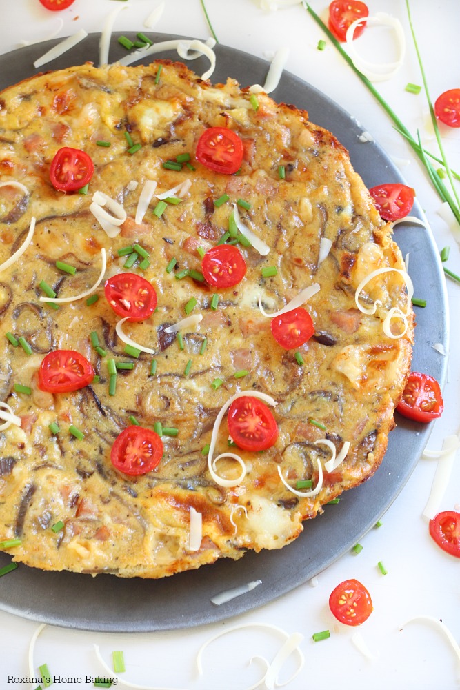 Three cheese caramelized onion and bacon frittata