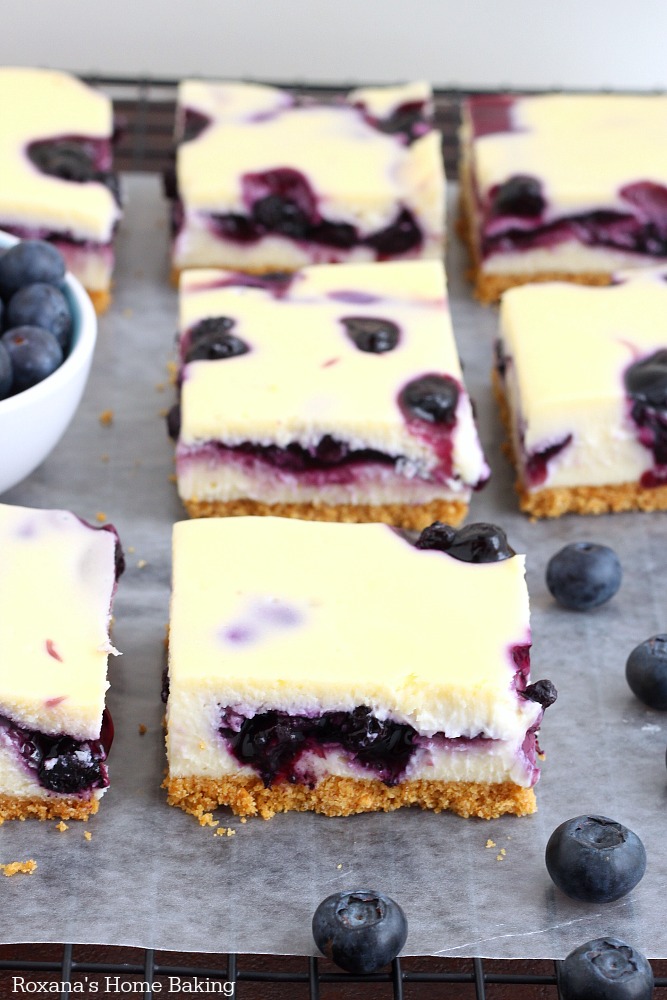 The ultimate blend of flavors and textures, these cheesecake bars combine smooth as silk cheesecake with blueberry pie filling. You won't be able to stop at just 1 bite!