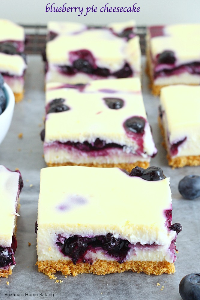 The ultimate blend of flavors and textures, these cheesecake bars combine smooth as silk cheesecake with blueberry pie filling. You will not be able to stop at just 1 bite!