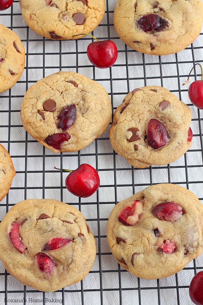 Soft chewy cherry chocolate chip cookies recipe from Roxanashomebaking.com