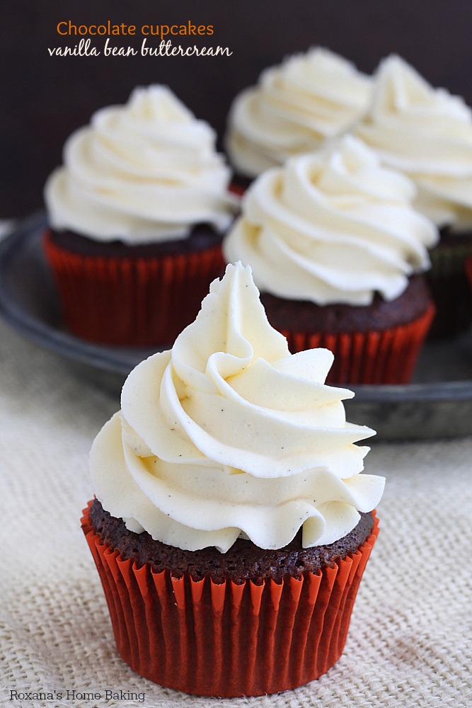 A classic combo, chocolate and vanilla pair perfectly in these rich and tender chocolate cupcakes topped with a dreamy vanilla bean buttercream frosting.
