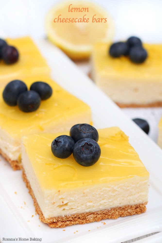 Smooth, creamy and full of citrus flavor, these lemon cheesecake bars are topped with a thin layer of lemon glaze and prepared on a simple graham cracker crust