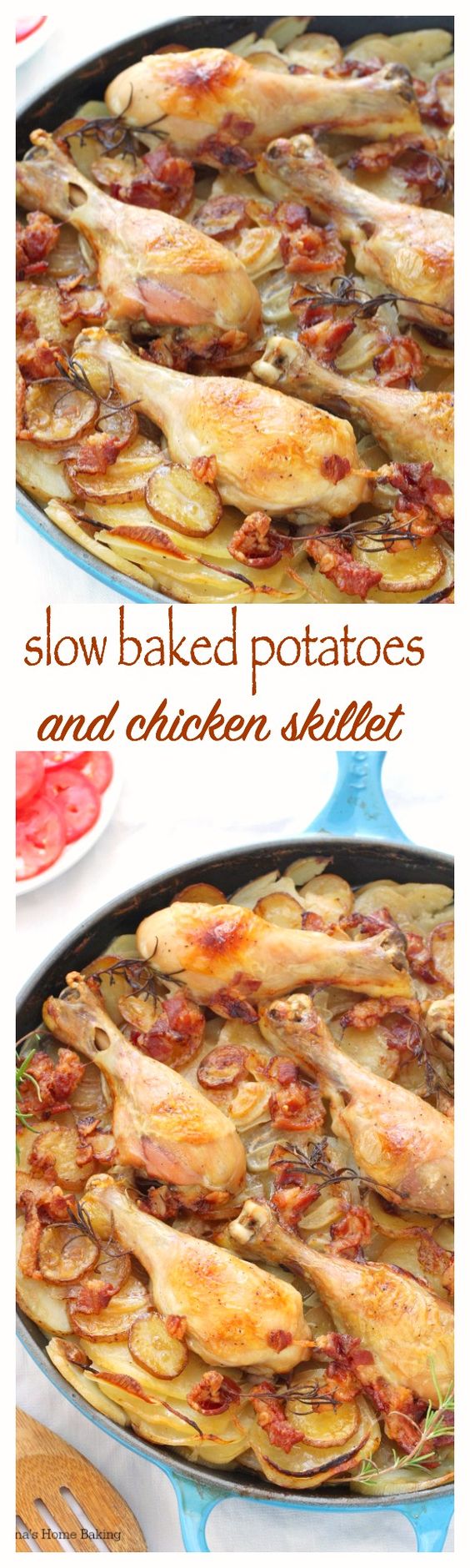 Tender chicken drumsticks cooked on top of layers of thinly sliced potatoes and onions make this potatoes chicken skillet a mouthwatering, flavorful meal.