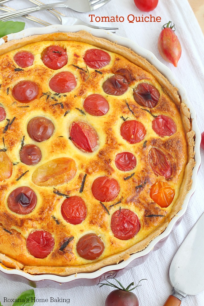 Chock-full of tomatoes, creamy ricotta cheese, grated Parmesan and fresh basil this flagrant and flavorful tomato quiche is perfect for breakfast, lunch or dinner.