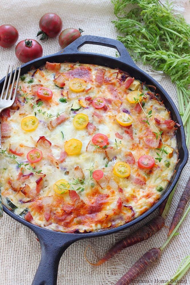 Make-ahead vegetable and bacon egg bake skillet